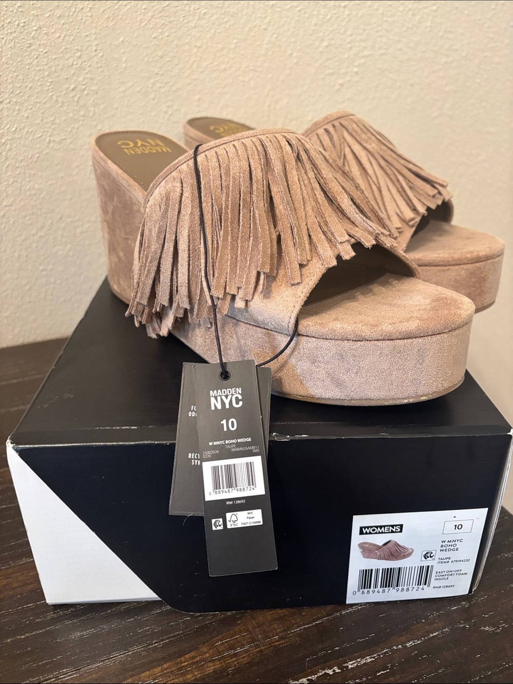Madden NYC Women's Tan Suede Fringe Boho Platform Wedge Sandals - Size 10